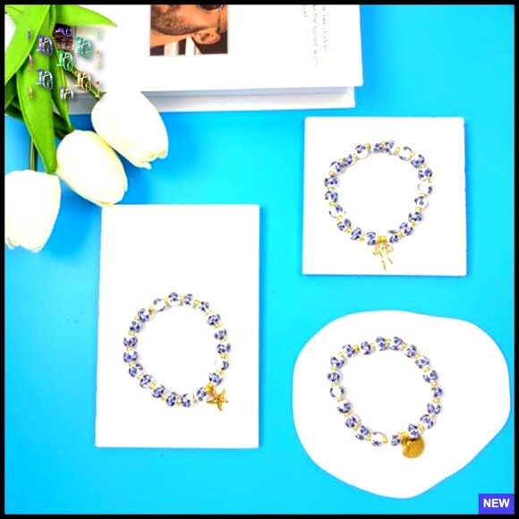 Vintage Floral Beaded Stretch Bracelet Set Handmade Porcelain Boho Charm Jewelry - Picture 5 of 7